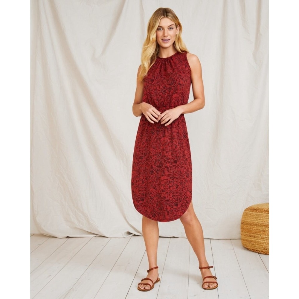 Garnet Hill Helia Knit Dress Womens Large Pomegranate Geo Red Black Tencel Midi